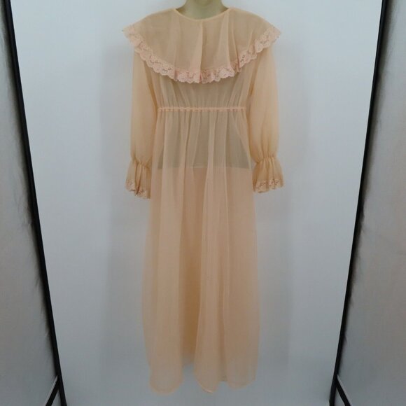 VTG Montgomery Ward Medium Pastel Orange Sheer Lace Trim Peignoir Robe Bathrobe - Picture 6 of 12